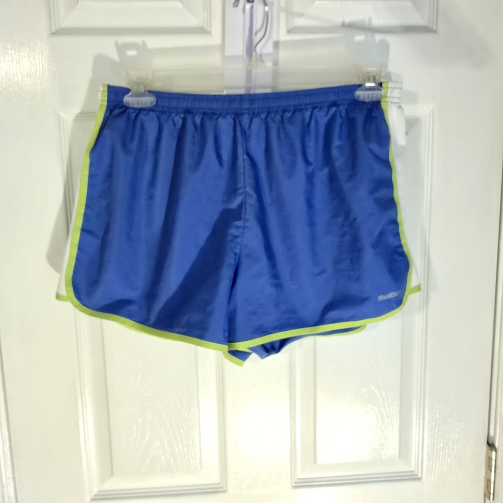Reebok Womens PlayDry Running Shorts Blue Neon Green Mesh Trim Size Large